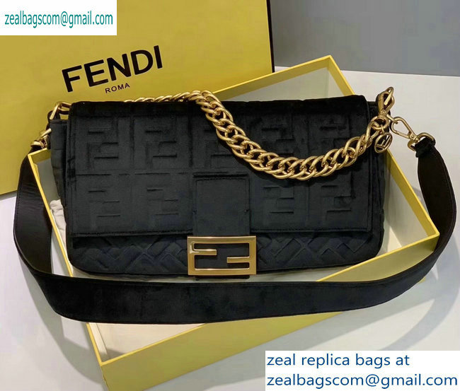 Fendi Velvet Embossed FF Motif Baguette Large Bag Black 2019