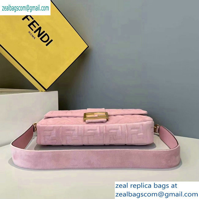 Fendi Velvet Embossed FF Motif Baguette Large Bag Pink 2019