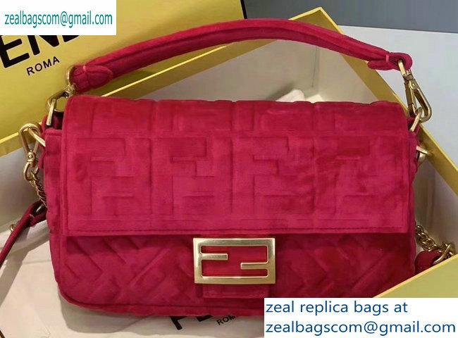 Fendi Velvet Embossed FF Motif Baguette Medium Bag Fuchsia 2019 - Click Image to Close