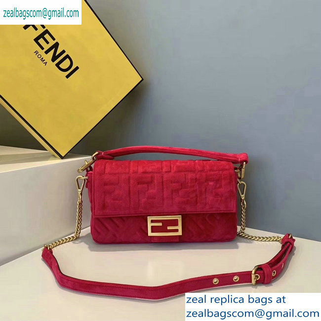 Fendi Velvet Embossed FF Motif Baguette Medium Bag Fuchsia 2019