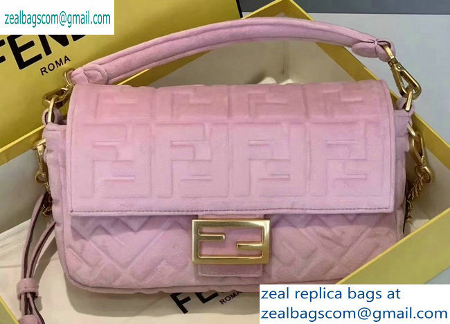 Fendi Velvet Embossed FF Motif Baguette Medium Bag Pink 2019