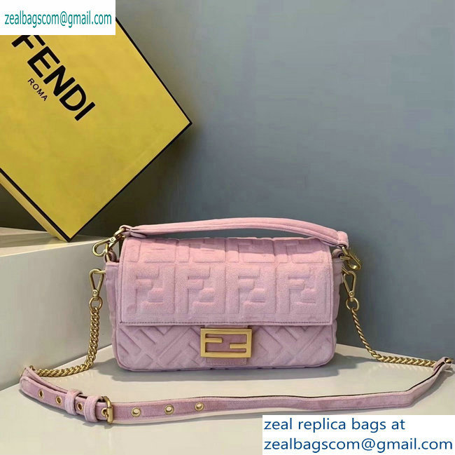 Fendi Velvet Embossed FF Motif Baguette Medium Bag Pink 2019