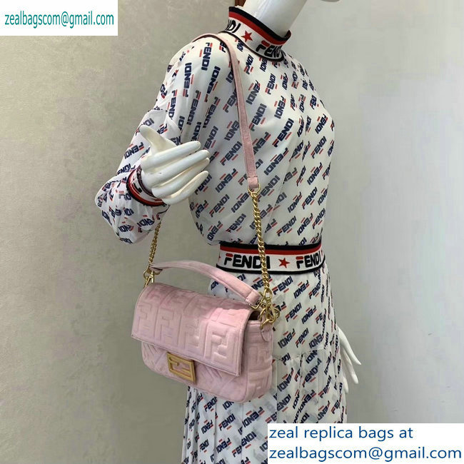 Fendi Velvet Embossed FF Motif Baguette Medium Bag Pink 2019