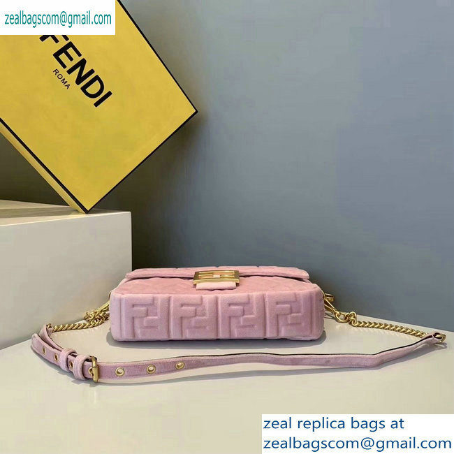 Fendi Velvet Embossed FF Motif Baguette Medium Bag Pink 2019