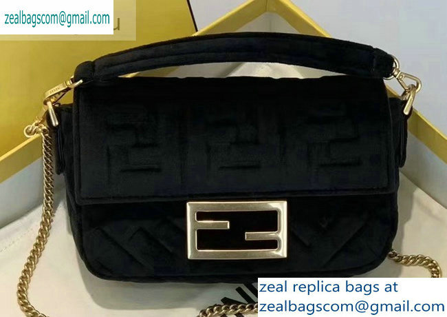 Fendi Velvet Embossed FF Motif Baguette Mini Bag Black 2019