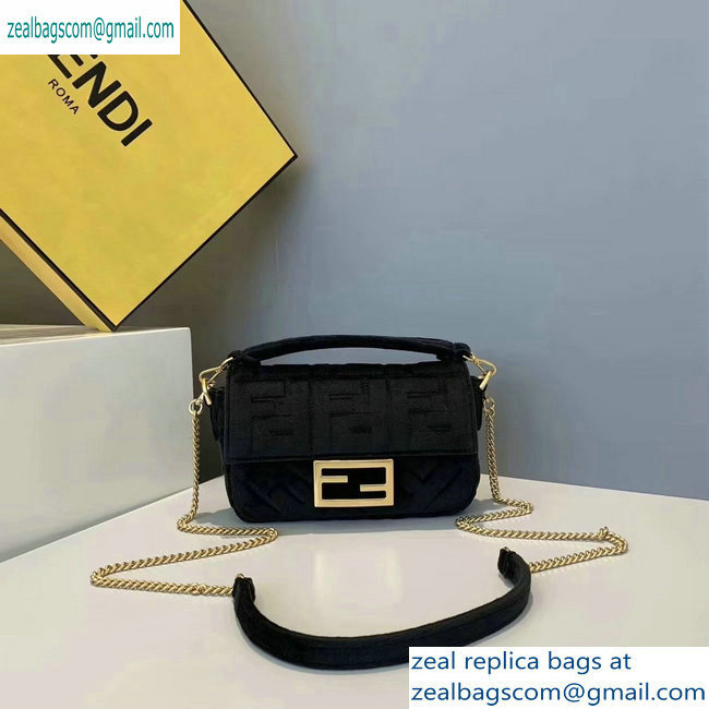 Fendi Velvet Embossed FF Motif Baguette Mini Bag Black 2019