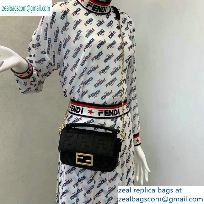 Fendi Velvet Embossed FF Motif Baguette Mini Bag Black 2019
