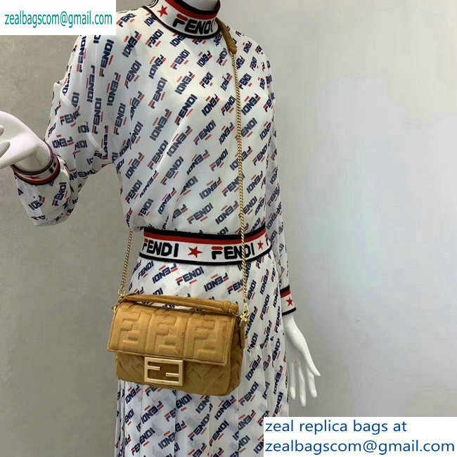 Fendi Velvet Embossed FF Motif Baguette Mini Bag Brown 2019
