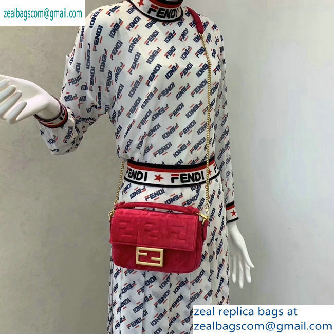 Fendi Velvet Embossed FF Motif Baguette Mini Bag Fuchsia 2019