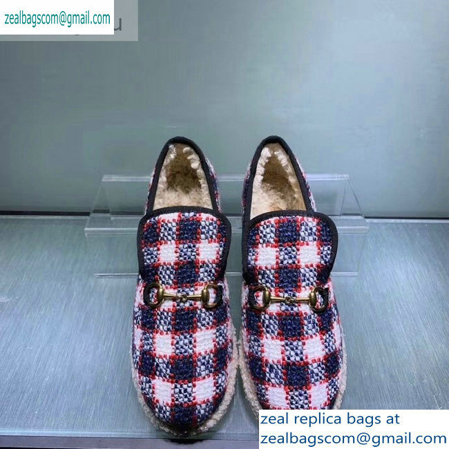 Gucci Horsebit Merino Wool Lining Loafers 575850 Check Tweed Blue/Red/White 2019 - Click Image to Close