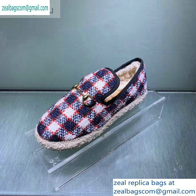 Gucci Horsebit Merino Wool Lining Loafers 575850 Check Tweed Blue/Red/White 2019 - Click Image to Close