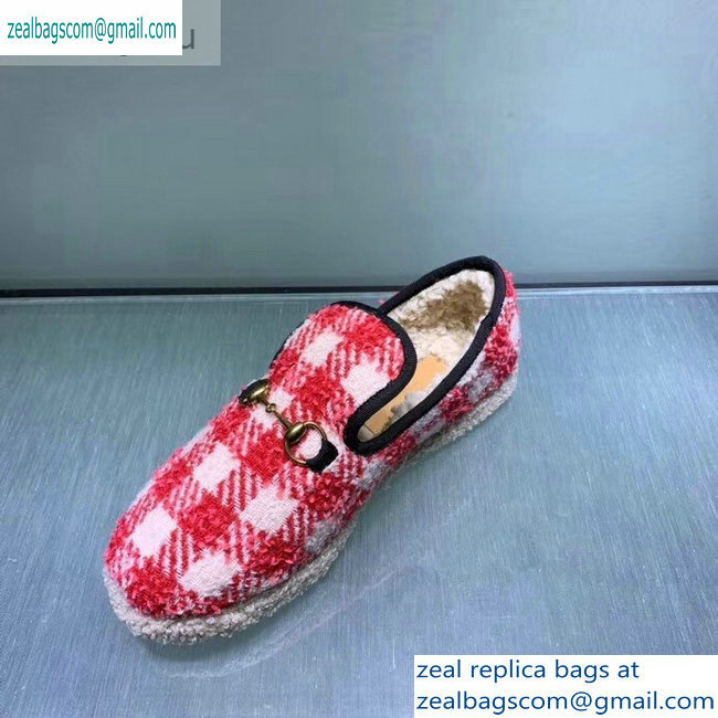 Gucci Horsebit Merino Wool Lining Loafers 575850 Check Tweed Red/White 2019 - Click Image to Close