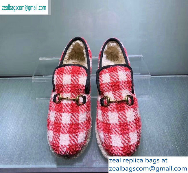 Gucci Horsebit Merino Wool Lining Loafers 575850 Check Tweed Red/White 2019