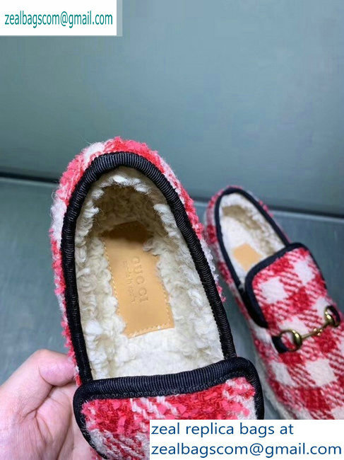 Gucci Horsebit Merino Wool Lining Loafers 575850 Check Tweed Red/White 2019 - Click Image to Close