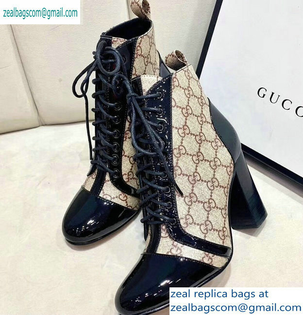 Gucci Patent Black Lace-up Ankle Boots GG Beige 2019 - Click Image to Close