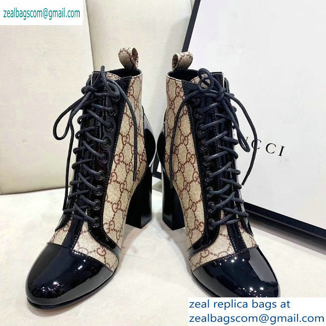 Gucci Patent Black Lace-up Ankle Boots GG Beige 2019 - Click Image to Close