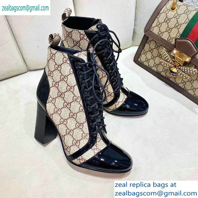 Gucci Patent Black Lace-up Ankle Boots GG Beige 2019