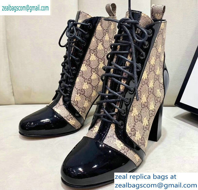 Gucci Patent Black Lace-up Ankle Boots GG Beige Bee 2019 - Click Image to Close