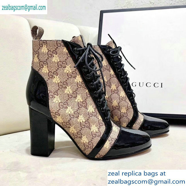 Gucci Patent Black Lace-up Ankle Boots GG Beige Bee 2019 - Click Image to Close