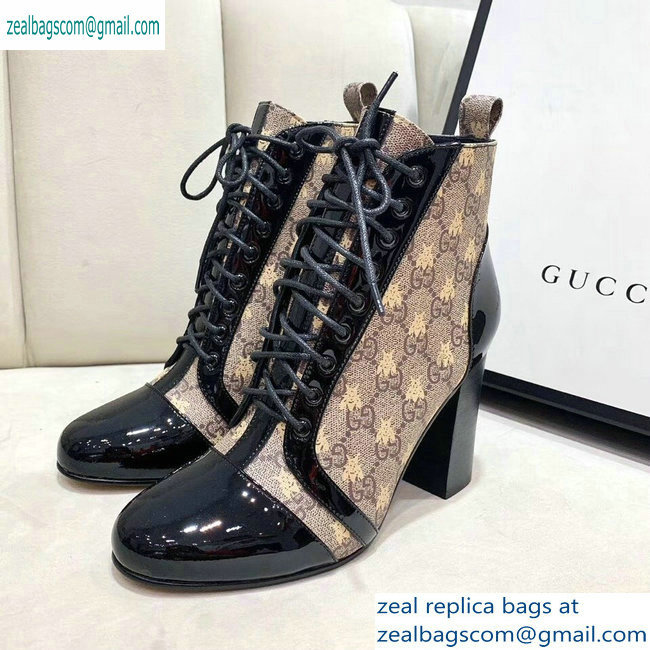 Gucci Patent Black Lace-up Ankle Boots GG Beige Bee 2019 - Click Image to Close