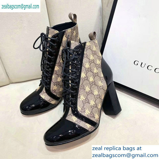 Gucci Patent Black Lace-up Ankle Boots GG Beige Bee 2019 - Click Image to Close