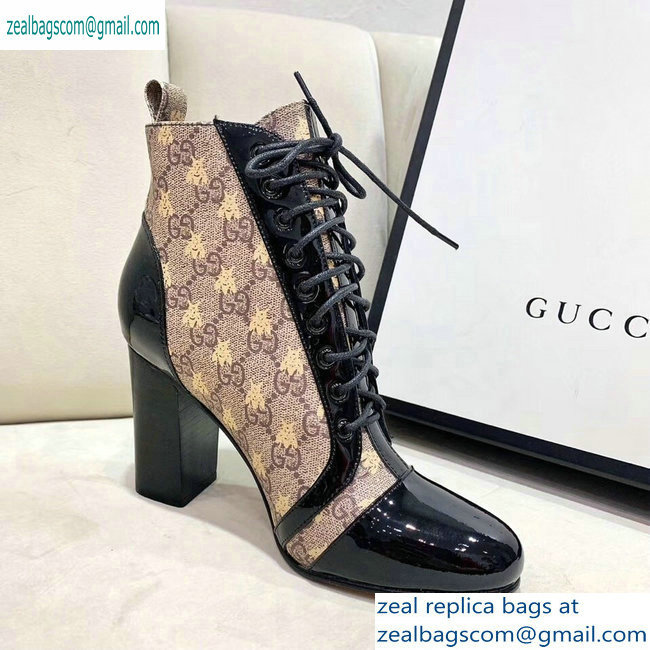 Gucci Patent Black Lace-up Ankle Boots GG Beige Bee 2019