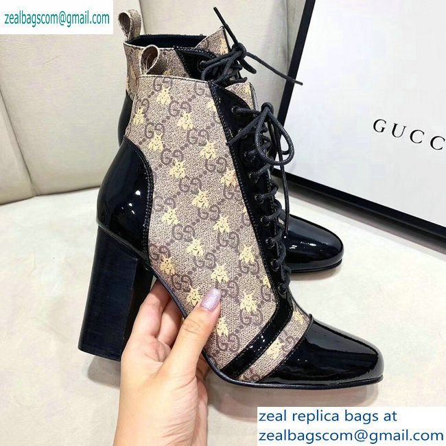 Gucci Patent Black Lace-up Ankle Boots GG Beige Bee 2019