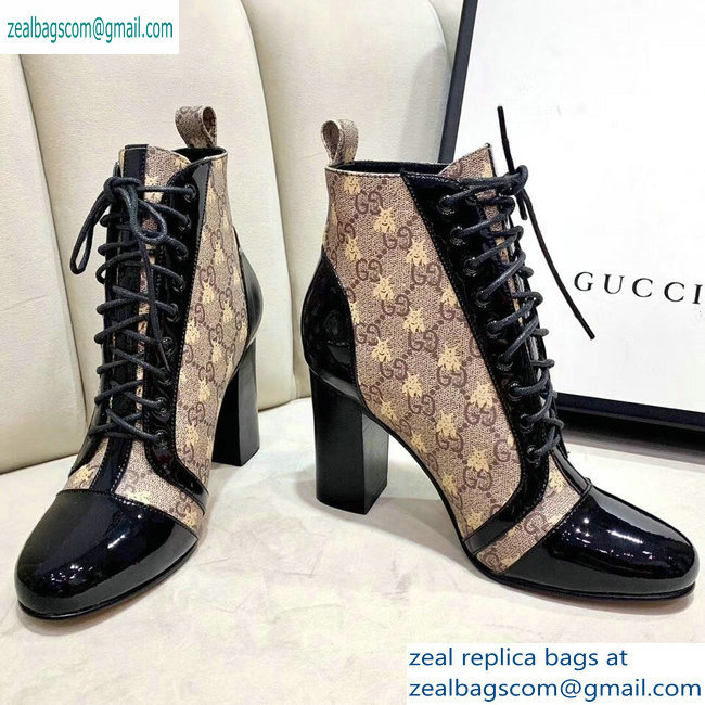 Gucci Patent Black Lace-up Ankle Boots GG Beige Bee 2019