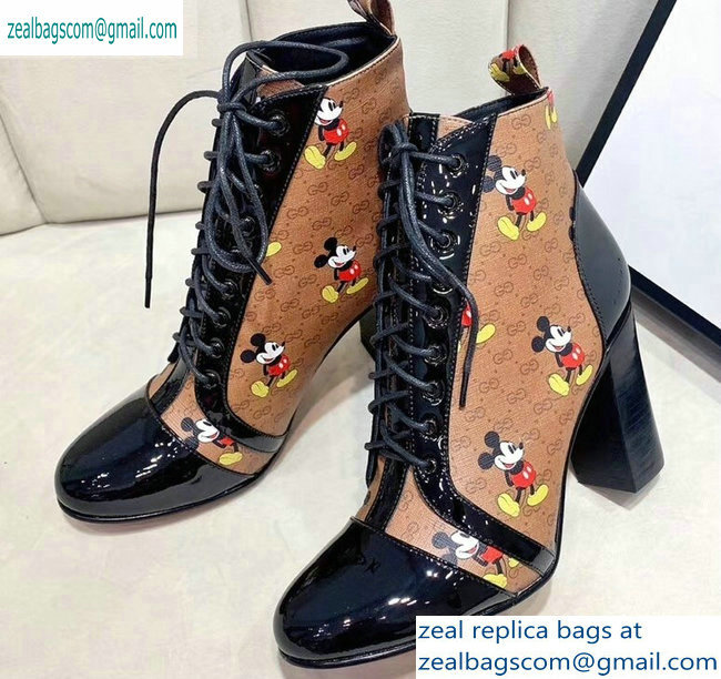 Gucci Patent Black Lace-up Ankle Boots GG Khaki Mickey Mouse 2019 - Click Image to Close