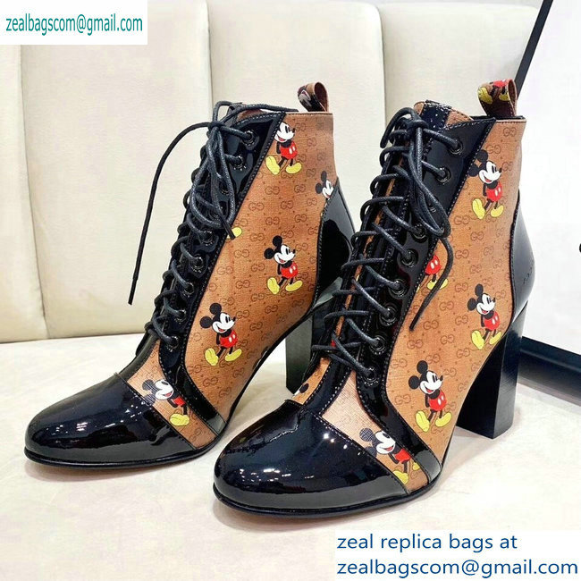 Gucci Patent Black Lace-up Ankle Boots GG Khaki Mickey Mouse 2019