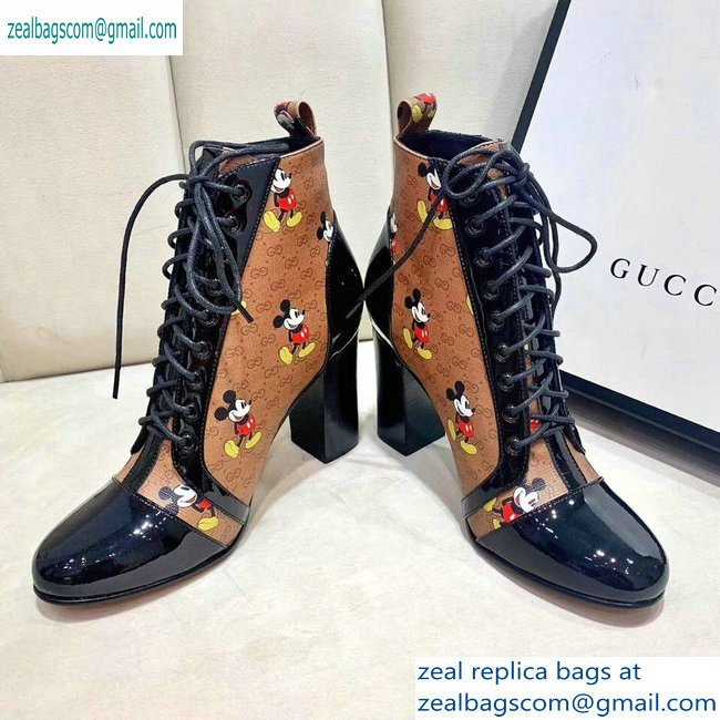 Gucci Patent Black Lace-up Ankle Boots GG Khaki Mickey Mouse 2019 - Click Image to Close