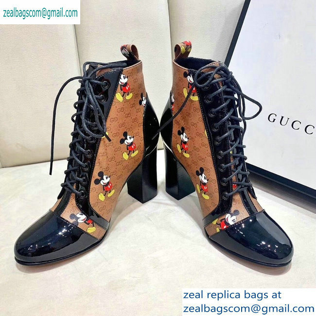 Gucci Patent Black Lace-up Ankle Boots GG Khaki Mickey Mouse 2019