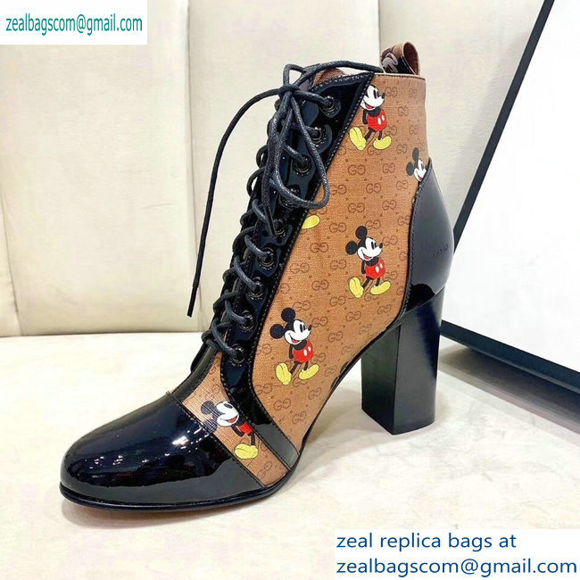 Gucci Patent Black Lace-up Ankle Boots GG Khaki Mickey Mouse 2019