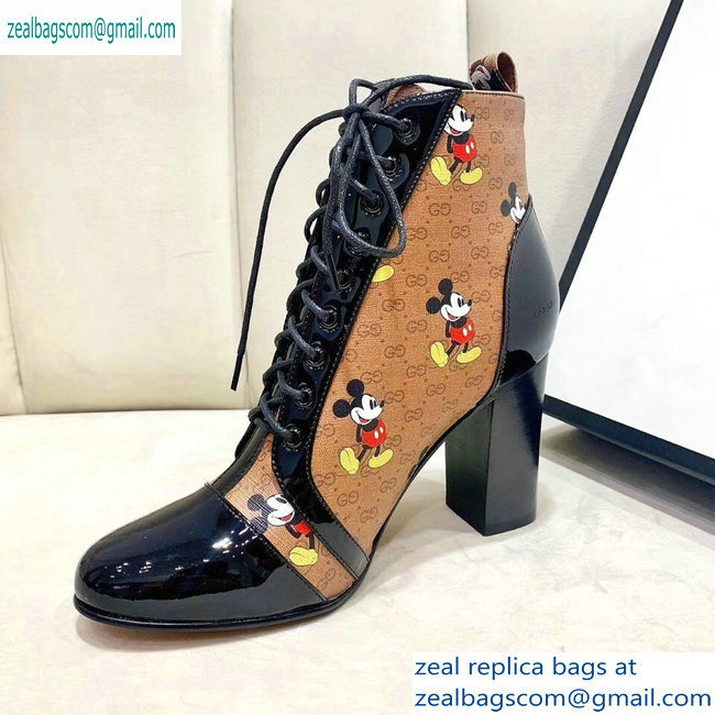 Gucci Patent Black Lace-up Ankle Boots GG Khaki Mickey Mouse 2019 - Click Image to Close