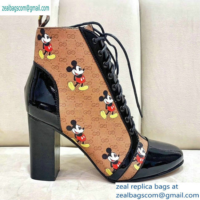 Gucci Patent Black Lace-up Ankle Boots GG Khaki Mickey Mouse 2019 - Click Image to Close