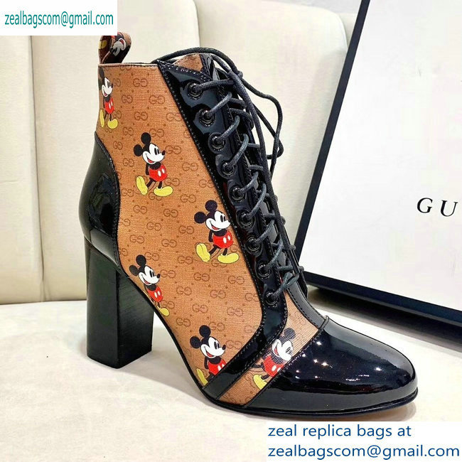 Gucci Patent Black Lace-up Ankle Boots GG Khaki Mickey Mouse 2019