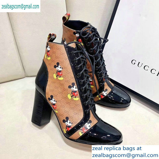 Gucci Patent Black Lace-up Ankle Boots GG Khaki Mickey Mouse 2019