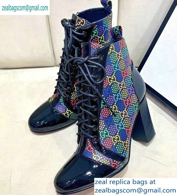 Gucci Patent Black Lace-up Ankle Boots GG Multicolor Stars 2019