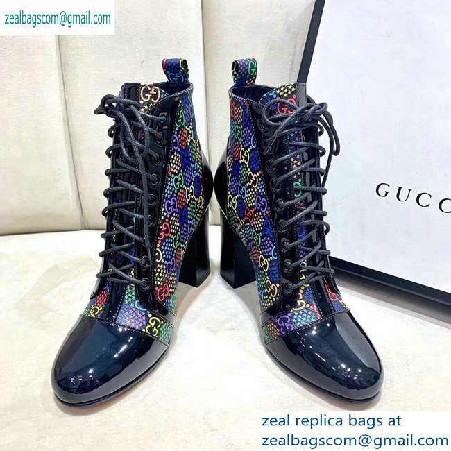 Gucci Patent Black Lace-up Ankle Boots GG Multicolor Stars 2019