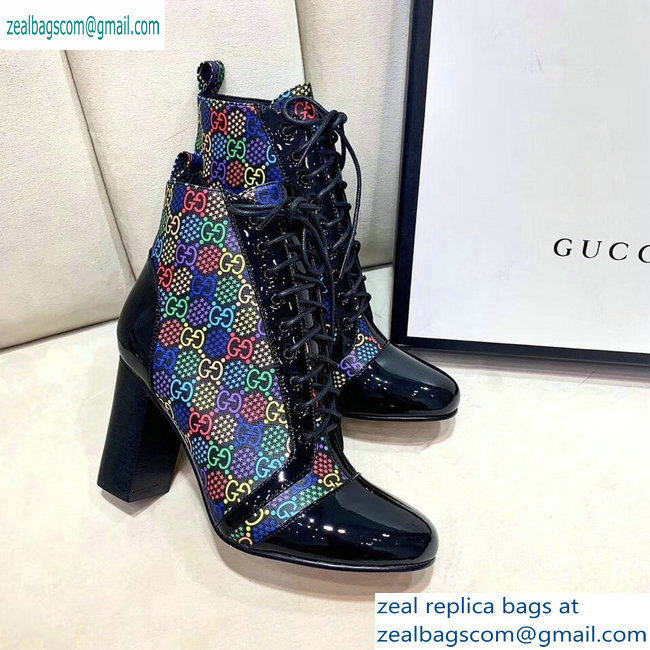 Gucci Patent Black Lace-up Ankle Boots GG Multicolor Stars 2019