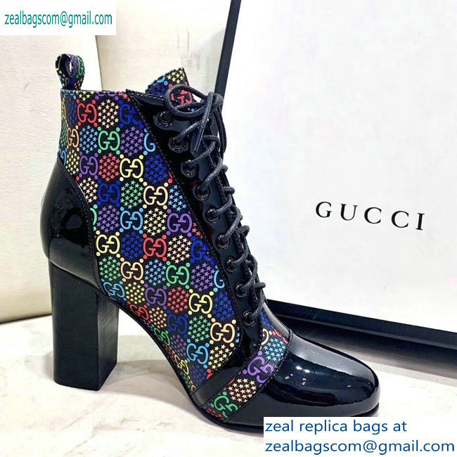 Gucci Patent Black Lace-up Ankle Boots GG Multicolor Stars 2019