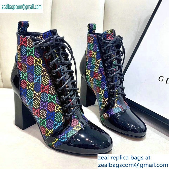 Gucci Patent Black Lace-up Ankle Boots GG Multicolor Stars 2019