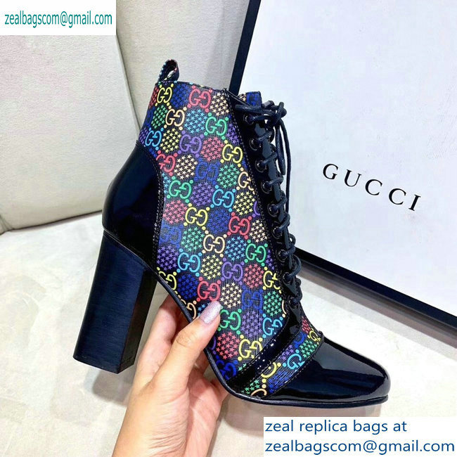 Gucci Patent Black Lace-up Ankle Boots GG Multicolor Stars 2019