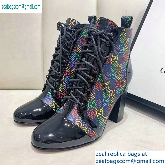 Gucci Patent Black Lace-up Ankle Boots GG Multicolor Stars 2019 - Click Image to Close