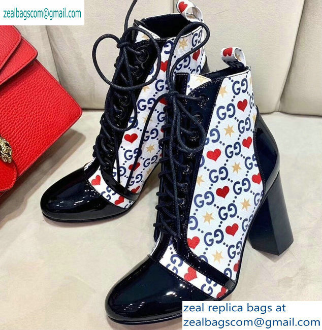 Gucci Patent Black Lace-up Ankle Boots GG Star and Heart 2019