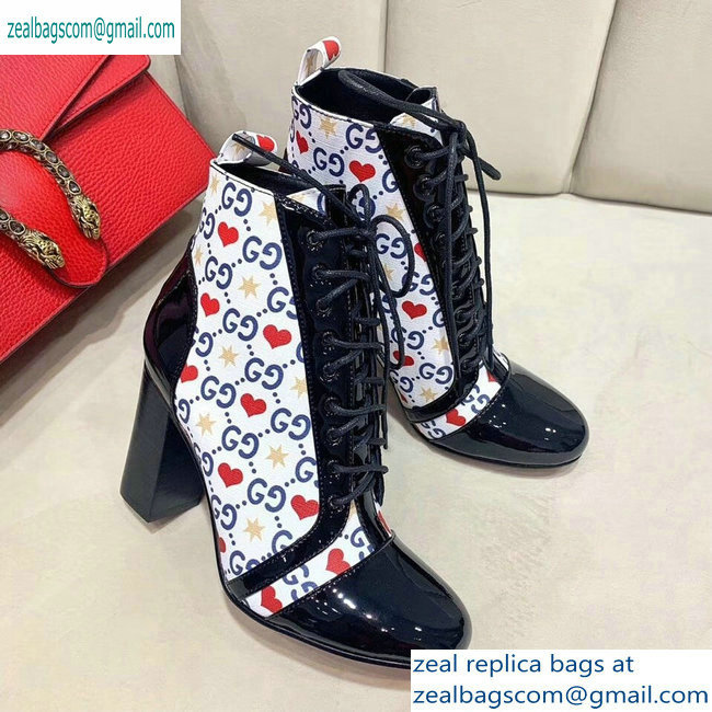 Gucci Patent Black Lace-up Ankle Boots GG Star and Heart 2019