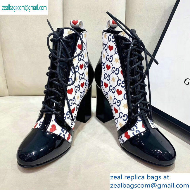 Gucci Patent Black Lace-up Ankle Boots GG Star and Heart 2019