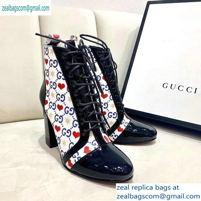 Gucci Patent Black Lace-up Ankle Boots GG Star and Heart 2019 - Click Image to Close