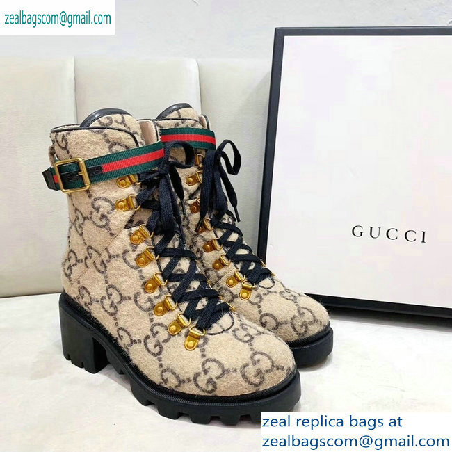 Gucci Web Strap with Buckle Wool Ankle Boots GG Beige 2019