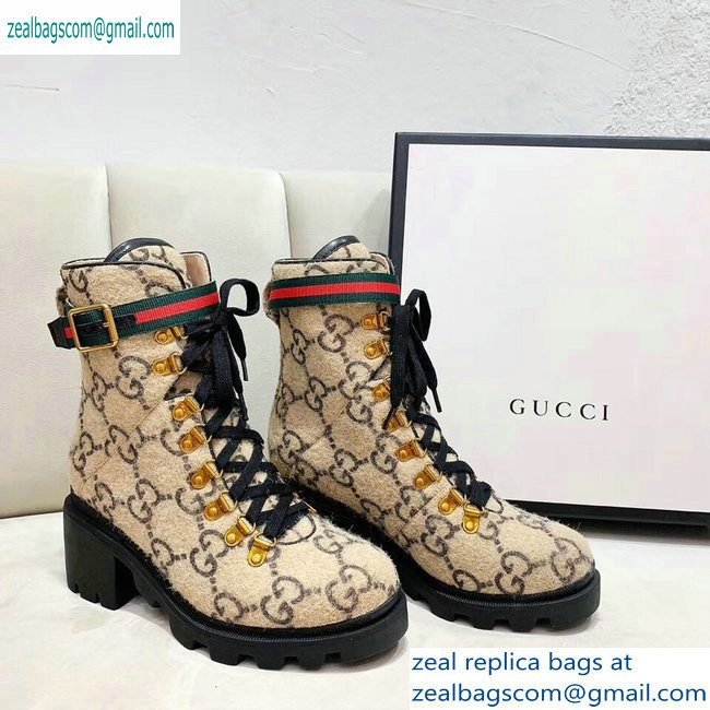 Gucci Web Strap with Buckle Wool Ankle Boots GG Beige 2019